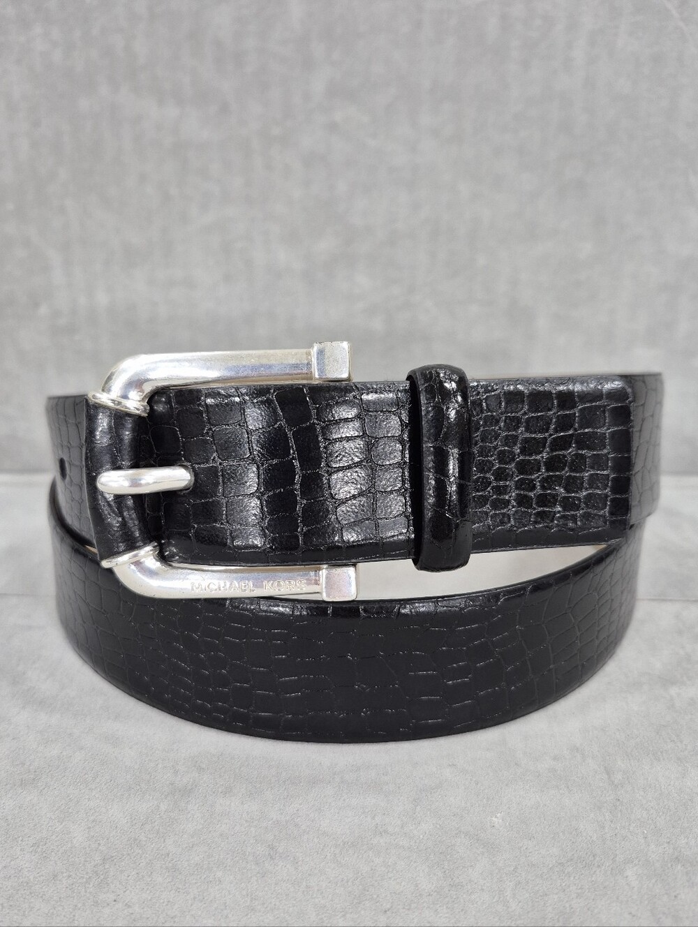 Michael Kors belt women's large black leather croc embossed silver buckle logo